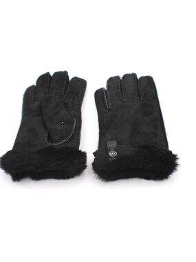 UGG Womens Black Suede Leather Shearling Faux Fur Cuff Gloves Size Small Warm